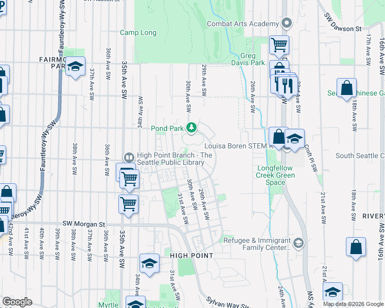 map of restaurants, bars, coffee shops, grocery stores, and more near 2934 Southwest Raymond Street in Seattle