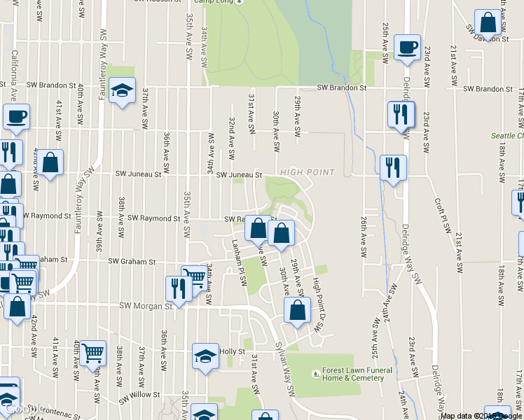 map of restaurants, bars, coffee shops, grocery stores, and more near 3010 Southwest Raymond Street in Seattle