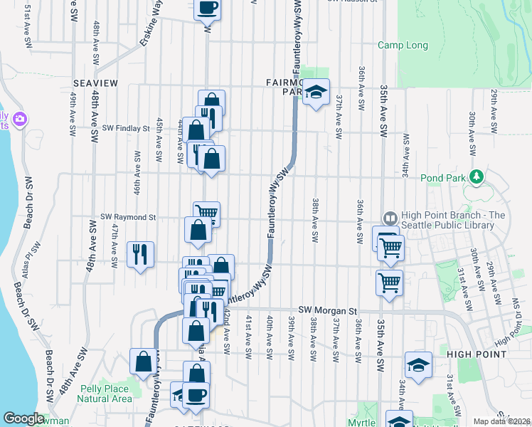 map of restaurants, bars, coffee shops, grocery stores, and more near 5959 Fauntleroy Way Southwest in Seattle