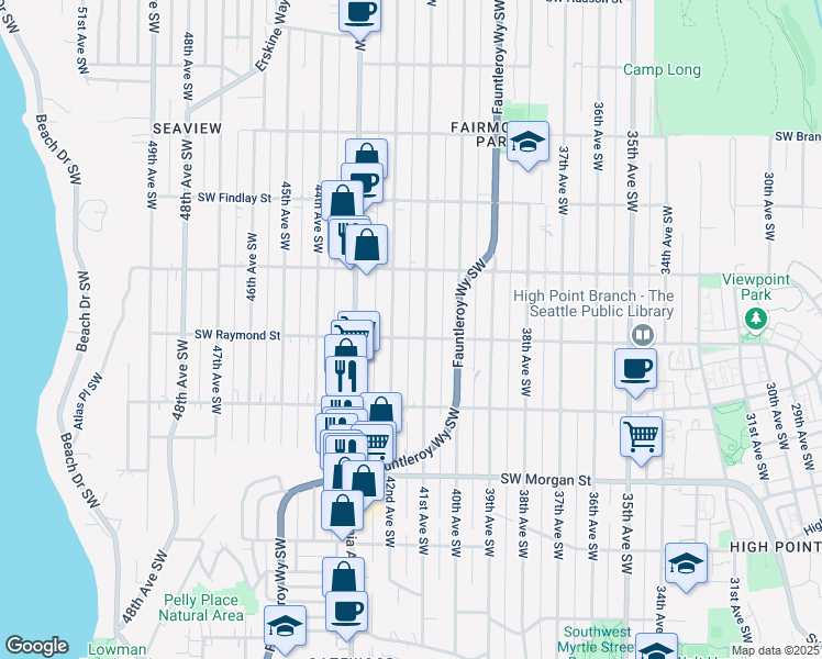 map of restaurants, bars, coffee shops, grocery stores, and more near 4110 Southwest Raymond Street in Seattle