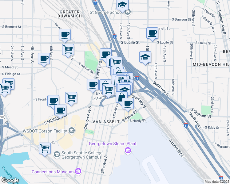 map of restaurants, bars, coffee shops, grocery stores, and more near 980 South Harney Street in Seattle