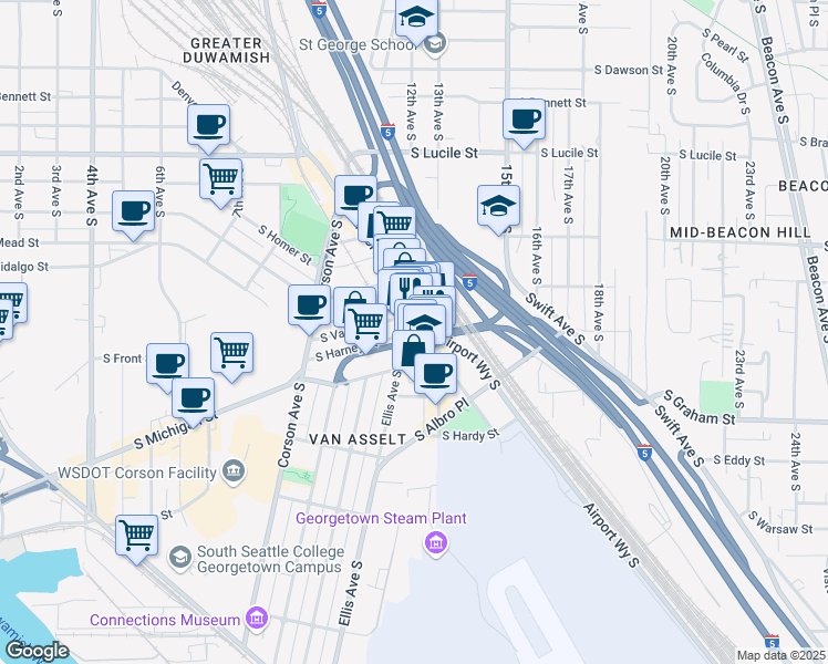 map of restaurants, bars, coffee shops, grocery stores, and more near 6014 12th Avenue South in Seattle