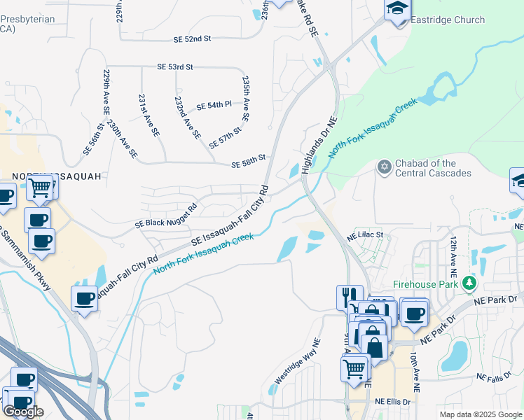 map of restaurants, bars, coffee shops, grocery stores, and more near 23599 Southeast Issaquah-Fall City Road in Issaquah