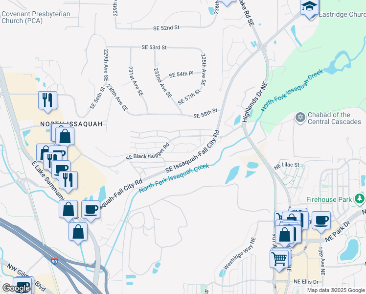map of restaurants, bars, coffee shops, grocery stores, and more near 23205 Southeast Black Nugget Road in Issaquah