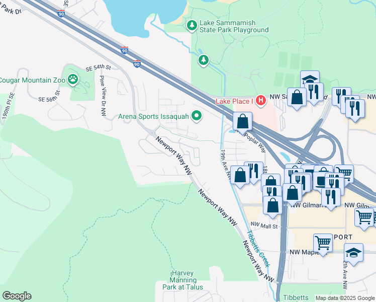 map of restaurants, bars, coffee shops, grocery stores, and more near 2156 Newport Way Northwest in Issaquah