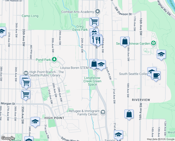 map of restaurants, bars, coffee shops, grocery stores, and more near 5943 Delridge Way Southwest in Seattle
