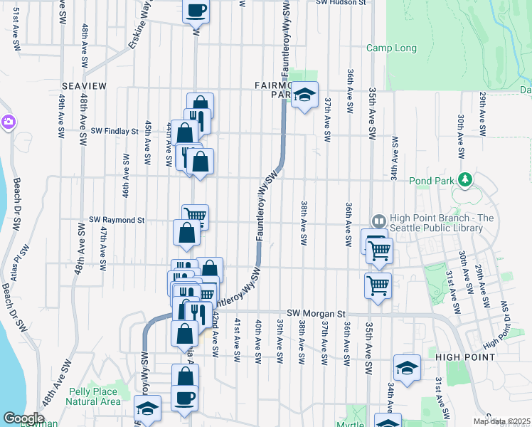 map of restaurants, bars, coffee shops, grocery stores, and more near 5957 39th Avenue Southwest in Seattle