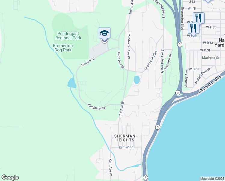 map of restaurants, bars, coffee shops, grocery stores, and more near 5255 Sinclair Way in Bremerton