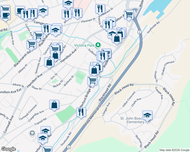 map of restaurants, bars, coffee shops, grocery stores, and more near 722 Water Street in St. John's