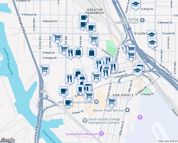 map of restaurants, bars, coffee shops, grocery stores, and more near 6000 6th Avenue South in Seattle