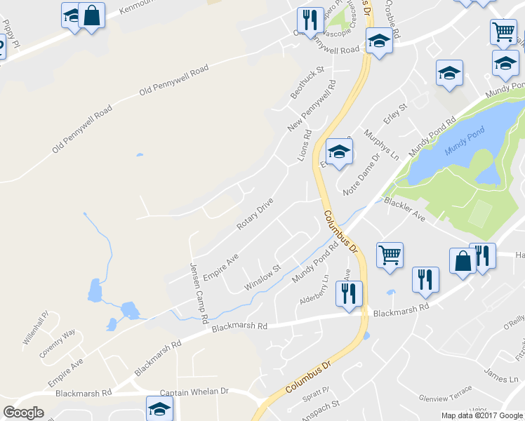 map of restaurants, bars, coffee shops, grocery stores, and more near 43 Rotary Drive in St. John's