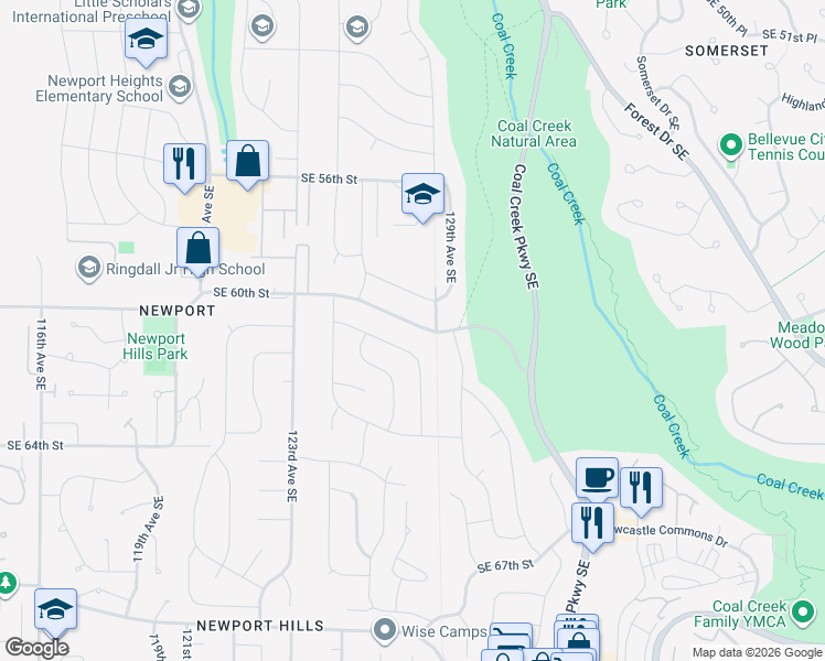 map of restaurants, bars, coffee shops, grocery stores, and more near 12657 Southeast 60th Street in Bellevue