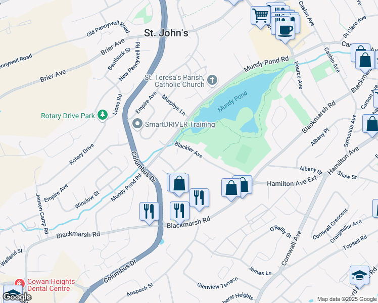 map of restaurants, bars, coffee shops, grocery stores, and more near 59 Blackler Avenue in St. John's
