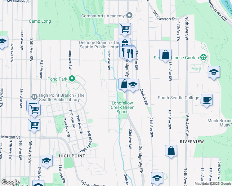 map of restaurants, bars, coffee shops, grocery stores, and more near 5943 Delridge Way Southwest in Seattle