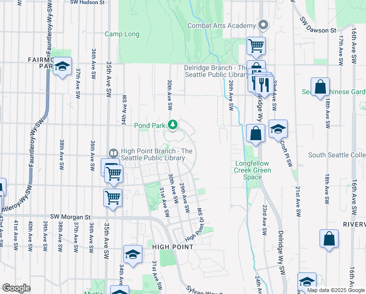 map of restaurants, bars, coffee shops, grocery stores, and more near 2970 Southwest Raymond Street in Seattle