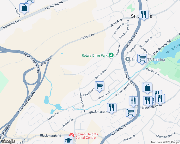 map of restaurants, bars, coffee shops, grocery stores, and more near 15 Shriners Road in St. John's