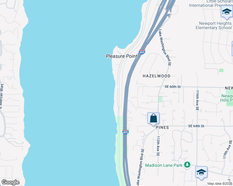 map of restaurants, bars, coffee shops, grocery stores, and more near 6007 Hazelwood Lane Southeast in Bellevue