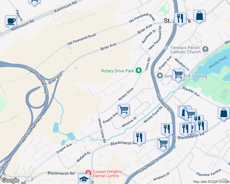 map of restaurants, bars, coffee shops, grocery stores, and more near Shriners Road in St. John's