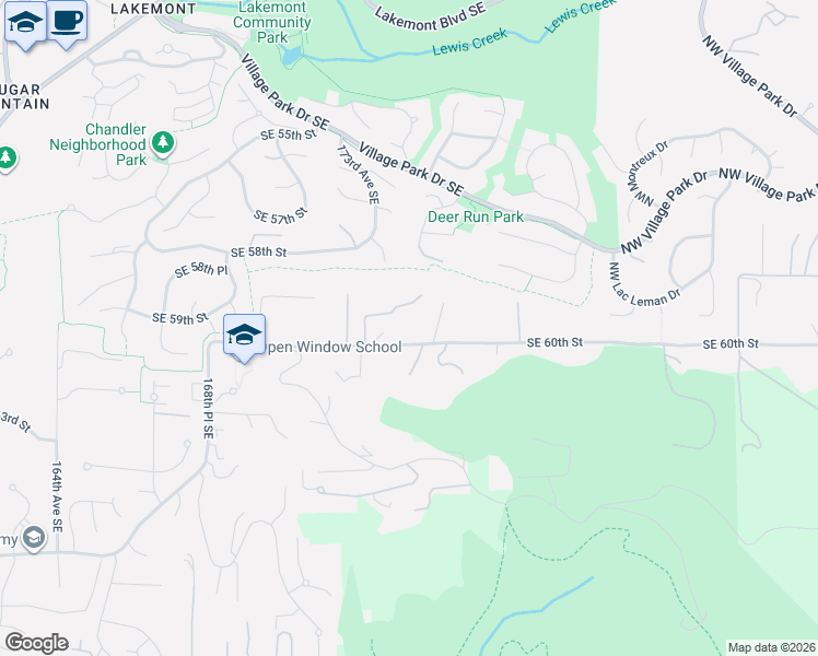 map of restaurants, bars, coffee shops, grocery stores, and more near 17426 Southeast 60th Street in Bellevue