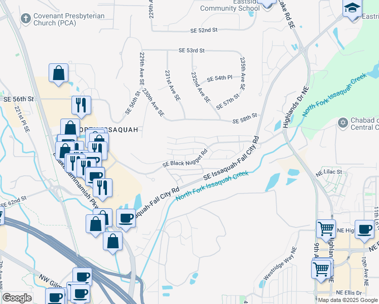 map of restaurants, bars, coffee shops, grocery stores, and more near 23120 Southeast Black Nugget Road in Issaquah
