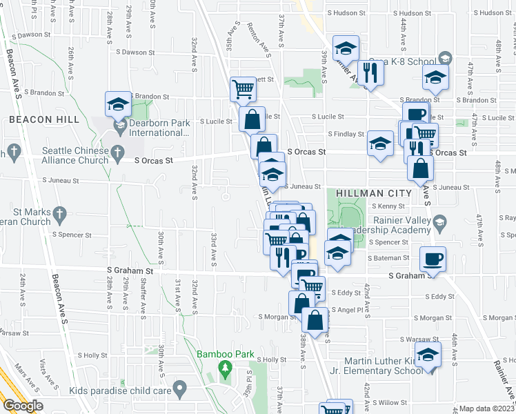 map of restaurants, bars, coffee shops, grocery stores, and more near 5946 36th Avenue South in Seattle