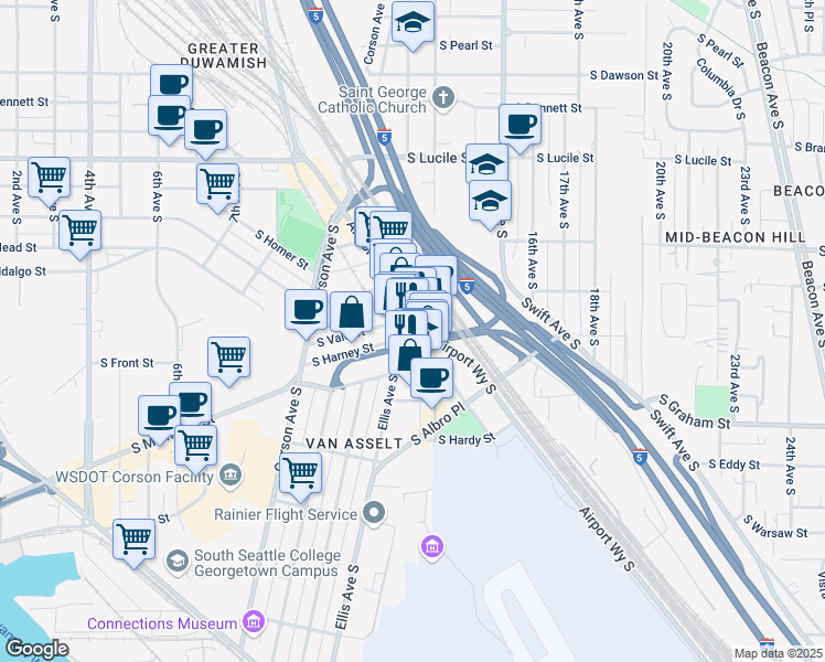 map of restaurants, bars, coffee shops, grocery stores, and more near 6014 12th Avenue South in Seattle