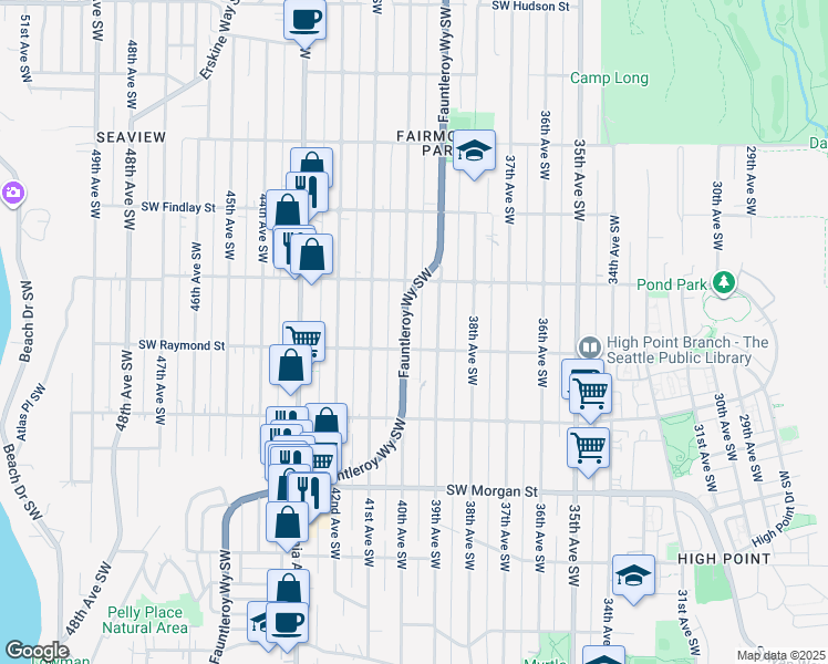 map of restaurants, bars, coffee shops, grocery stores, and more near 5957 39th Avenue Southwest in Seattle