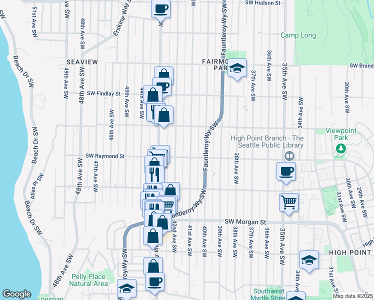 map of restaurants, bars, coffee shops, grocery stores, and more near 4110 Southwest Raymond Street in Seattle