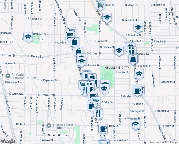 map of restaurants, bars, coffee shops, grocery stores, and more near 5900 37th Avenue South in Seattle