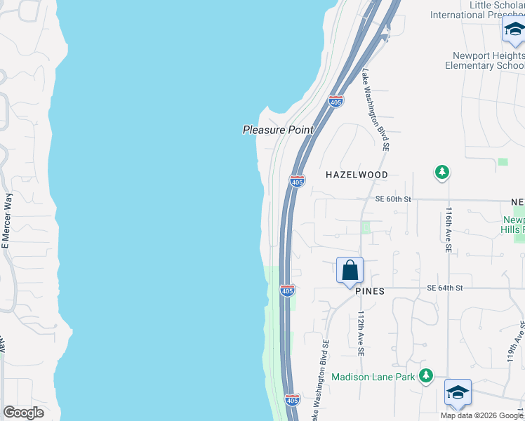 map of restaurants, bars, coffee shops, grocery stores, and more near 6007 Hazelwood Lane Southeast in Bellevue