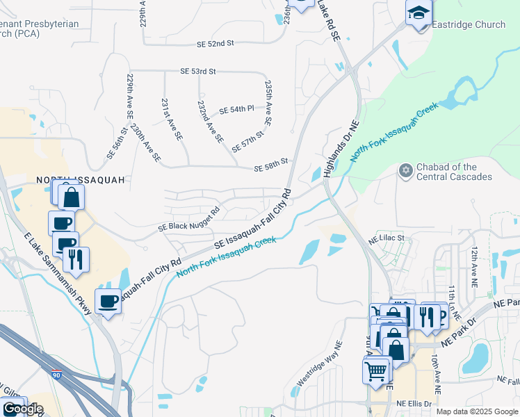 map of restaurants, bars, coffee shops, grocery stores, and more near 23425 Southeast Black Nugget Road in Issaquah