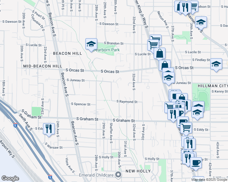 map of restaurants, bars, coffee shops, grocery stores, and more near 5943 Shaffer Avenue South in Seattle