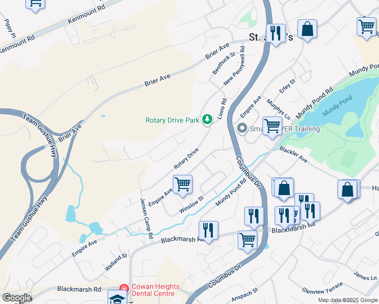 map of restaurants, bars, coffee shops, grocery stores, and more near 36 Rotary Drive in St. John's