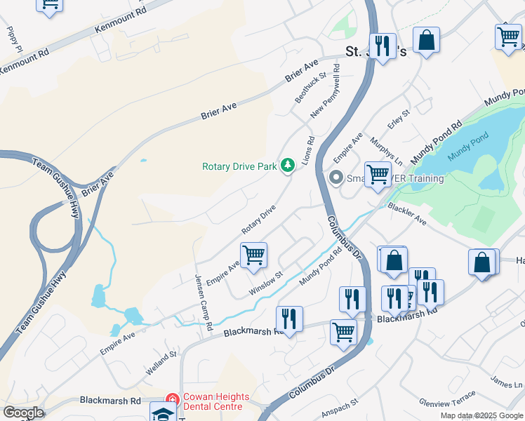 map of restaurants, bars, coffee shops, grocery stores, and more near 36 Rotary Drive in St. John's