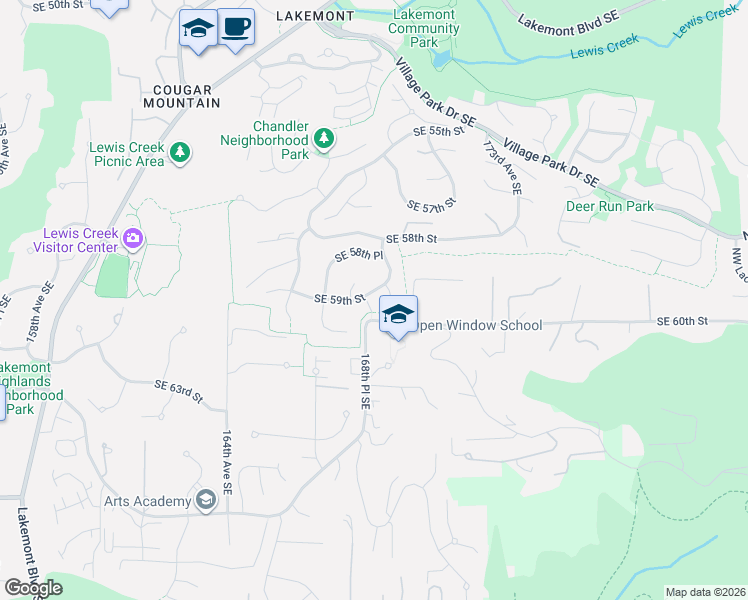 map of restaurants, bars, coffee shops, grocery stores, and more near 16863 Southeast 59th Street in Bellevue