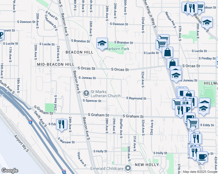 map of restaurants, bars, coffee shops, grocery stores, and more near 5948 28th Avenue South in Seattle
