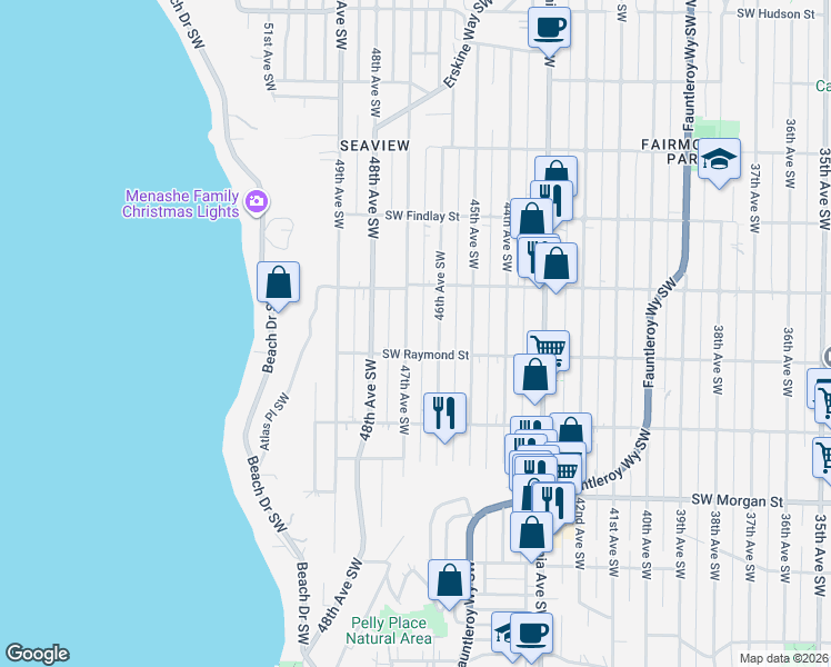 map of restaurants, bars, coffee shops, grocery stores, and more near 6002 47th Avenue Southwest in Seattle