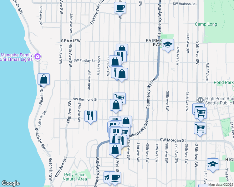 map of restaurants, bars, coffee shops, grocery stores, and more near 5941 California Avenue Southwest in Seattle