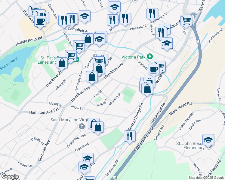 map of restaurants, bars, coffee shops, grocery stores, and more near 22 McKay Street in St. John's