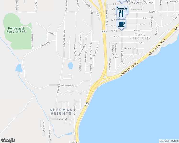 map of restaurants, bars, coffee shops, grocery stores, and more near 1687 Bayview Dr in Bremerton