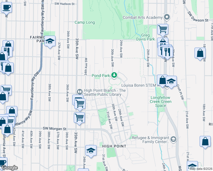 map of restaurants, bars, coffee shops, grocery stores, and more near 3010 Southwest Raymond Street in Seattle
