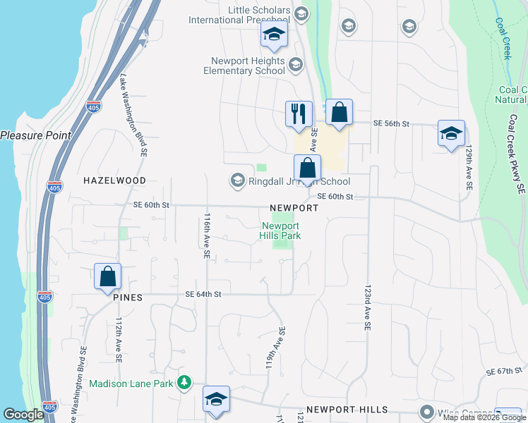 map of restaurants, bars, coffee shops, grocery stores, and more near 11759 Southeast 60th Place in Bellevue