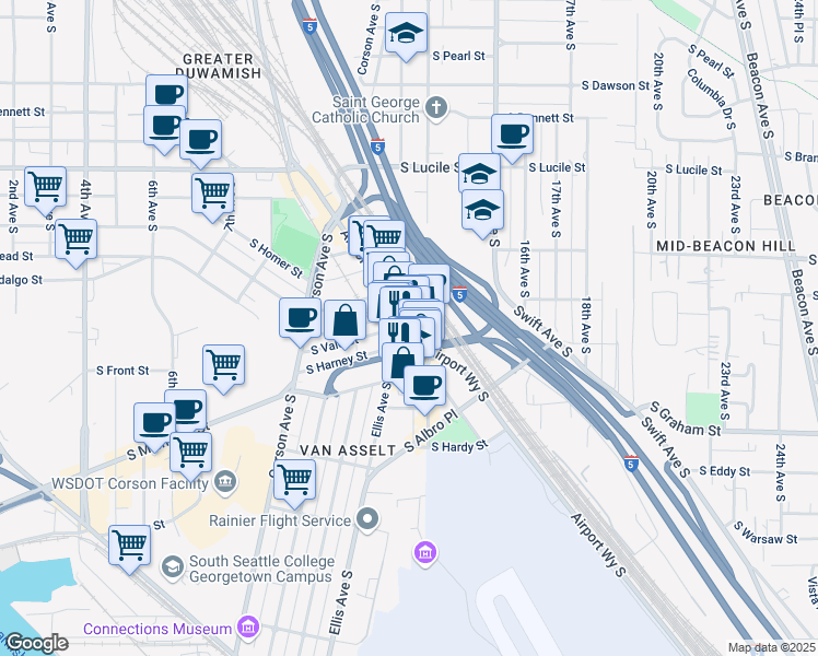 map of restaurants, bars, coffee shops, grocery stores, and more near 6014 12th Avenue South in Seattle