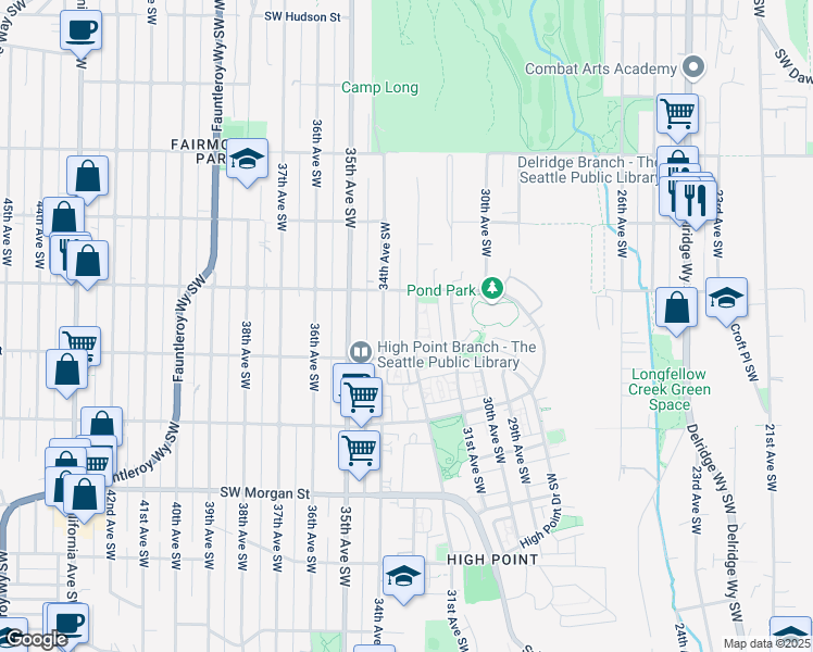 map of restaurants, bars, coffee shops, grocery stores, and more near 5958 34th Avenue Southwest in Seattle