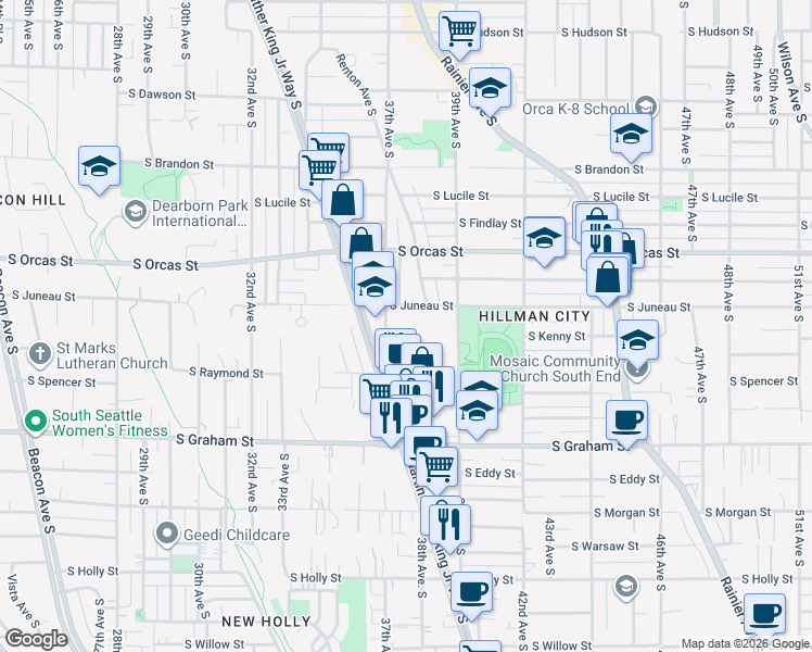 map of restaurants, bars, coffee shops, grocery stores, and more near 5900 37th Avenue South in Seattle