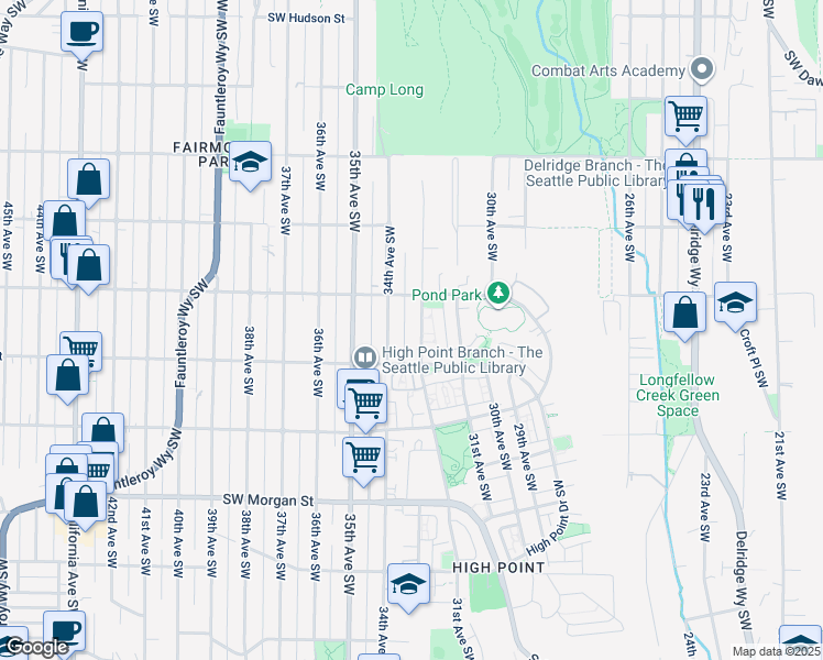 map of restaurants, bars, coffee shops, grocery stores, and more near 5958 34th Avenue Southwest in Seattle