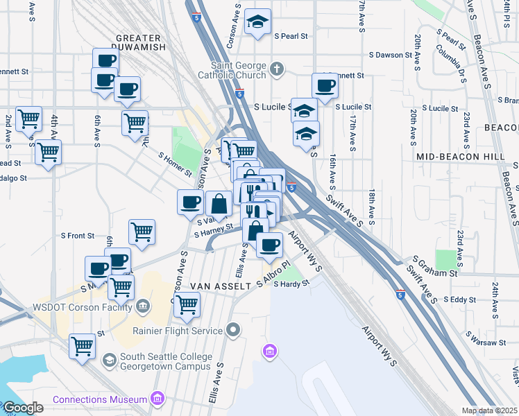 map of restaurants, bars, coffee shops, grocery stores, and more near 6000 Airport Way South in Seattle