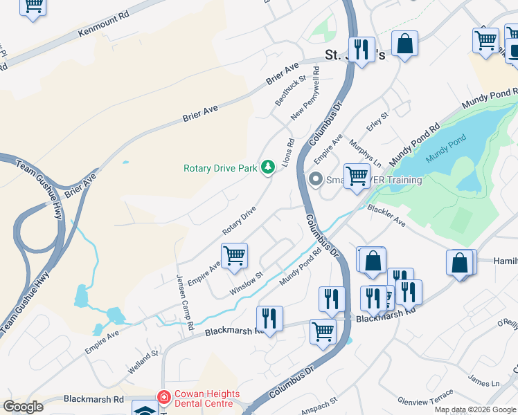 map of restaurants, bars, coffee shops, grocery stores, and more near 33 Rotary Drive in St. John's