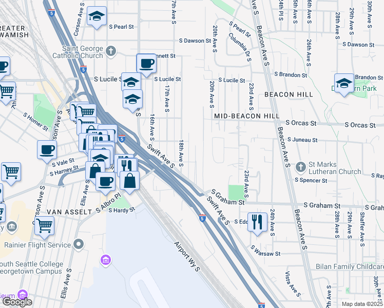 map of restaurants, bars, coffee shops, grocery stores, and more near 6008 19th Avenue South in Seattle