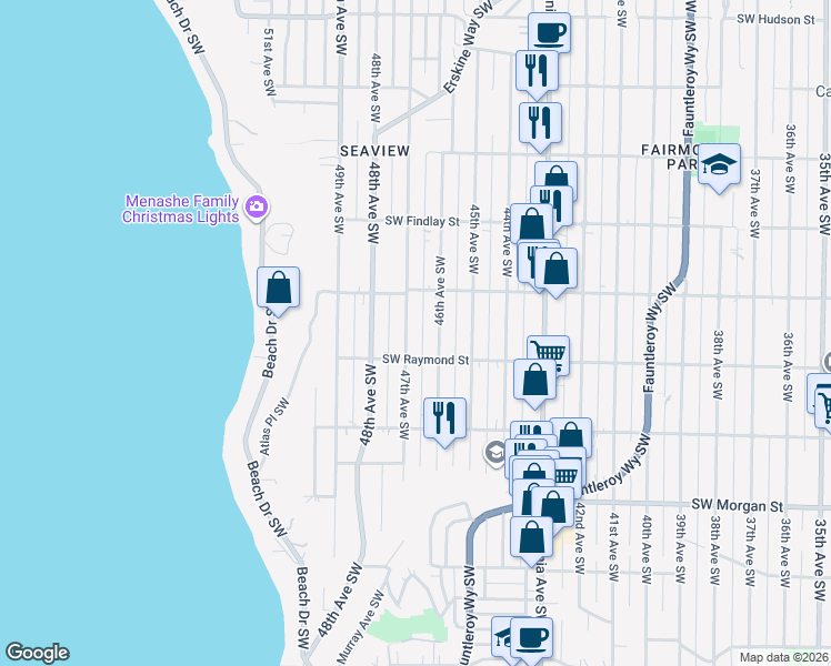 map of restaurants, bars, coffee shops, grocery stores, and more near 4701 Southwest Juneau Street in Seattle